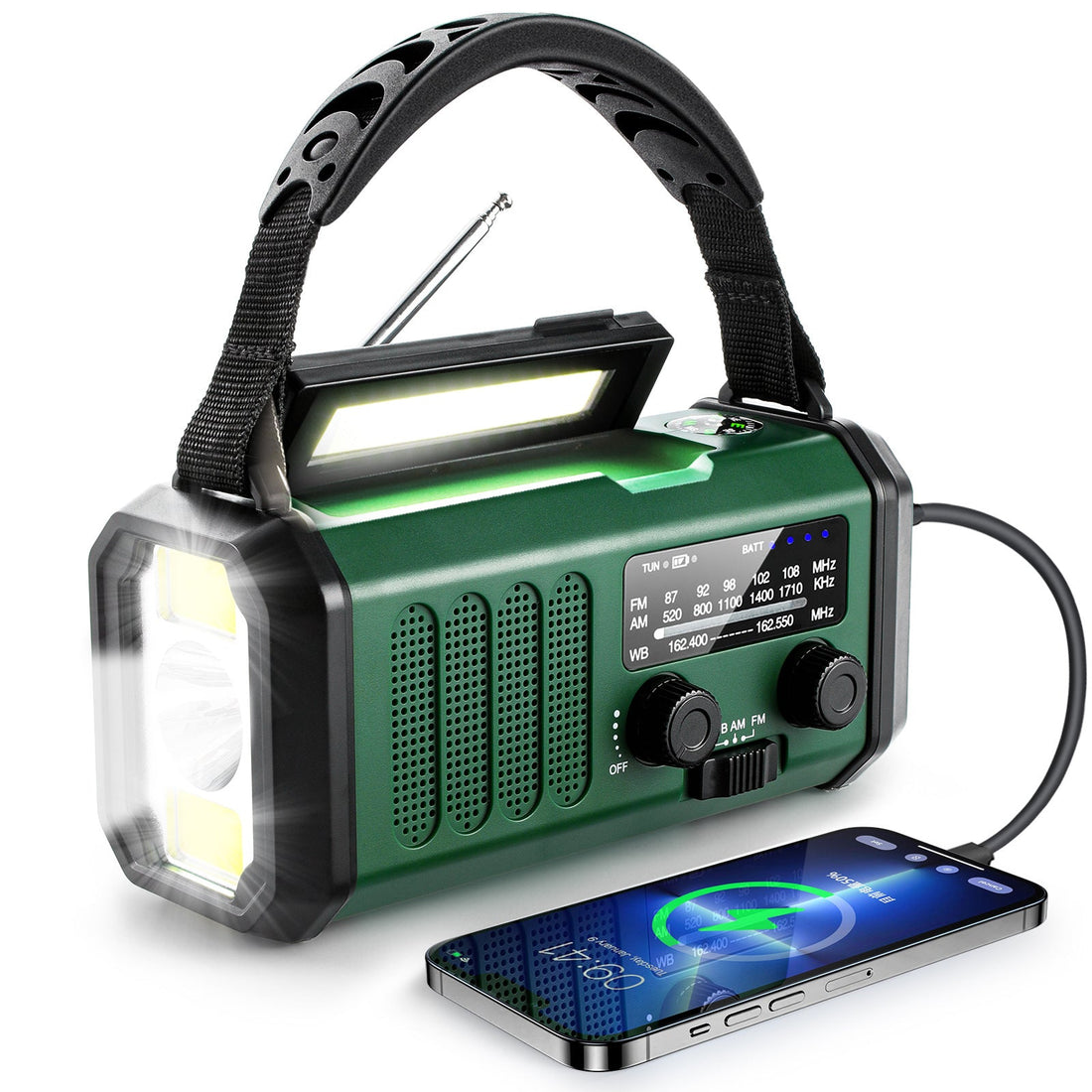 Noodradio met zonnepaneel laadt een smartphone op