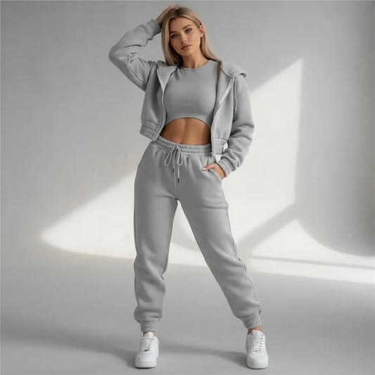 Dames 3-Delige Comfort Couture Set – Hoodie, Top & Hoge Taille Joggingbroek