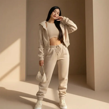Dames 3-Delige Comfort Couture Set – Hoodie, Top & Hoge Taille Joggingbroek