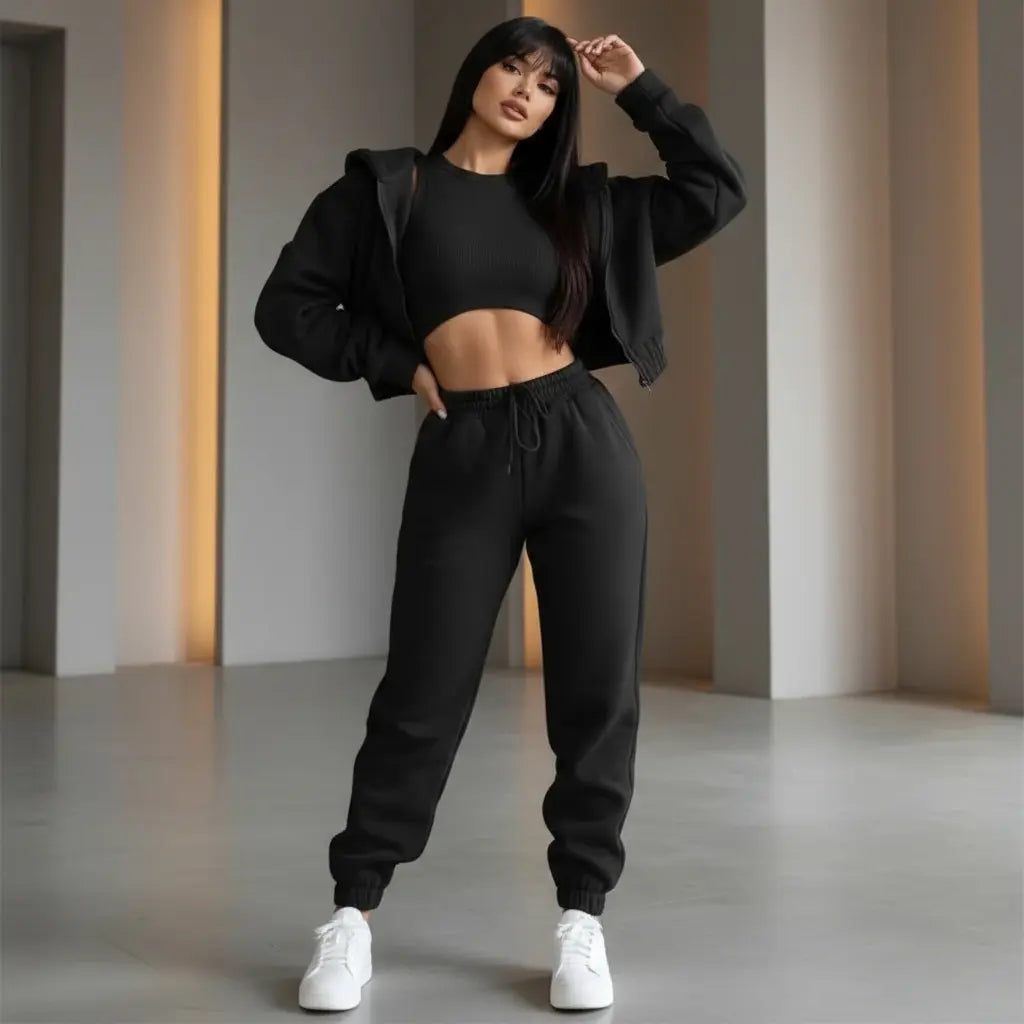 Dames 3-Delige Comfort Couture Set – Hoodie, Top & Hoge Taille Joggingbroek