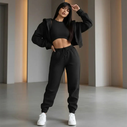 Dames 3-Delige Comfort Couture Set – Hoodie, Top & Hoge Taille Joggingbroek