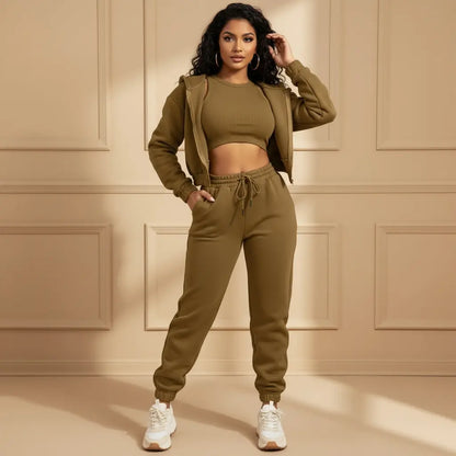 Dames 3-Delige Comfort Couture Set – Hoodie, Top & Hoge Taille Joggingbroek