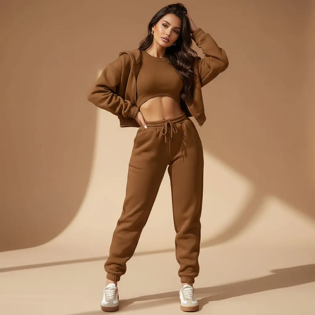 Dames 3-Delige Comfort Couture Set – Hoodie, Top & Hoge Taille Joggingbroek