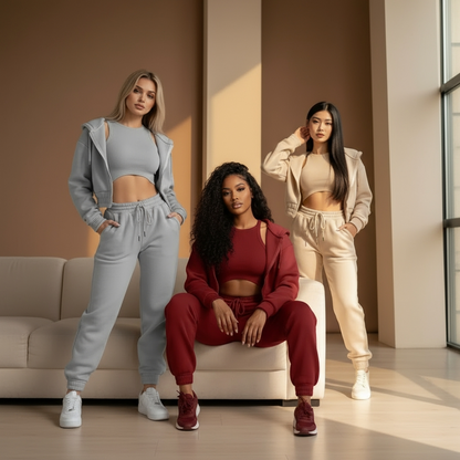 Dames 3-Delige Comfort Couture Set – Hoodie, Top & Hoge Taille Joggingbroek