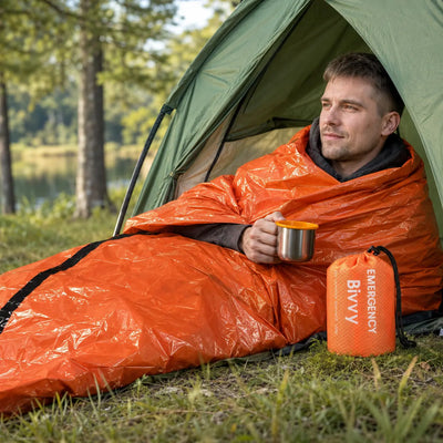 Man in een tent zit in een oranje noodslaapzak