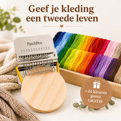 De PatchPen met houten schijf en een regenboog aan garen