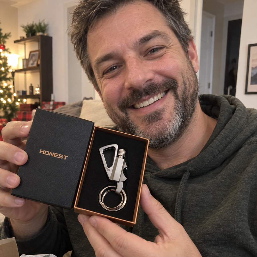 Lachende man houdt een PermaVuur in een geopende giftbox vast