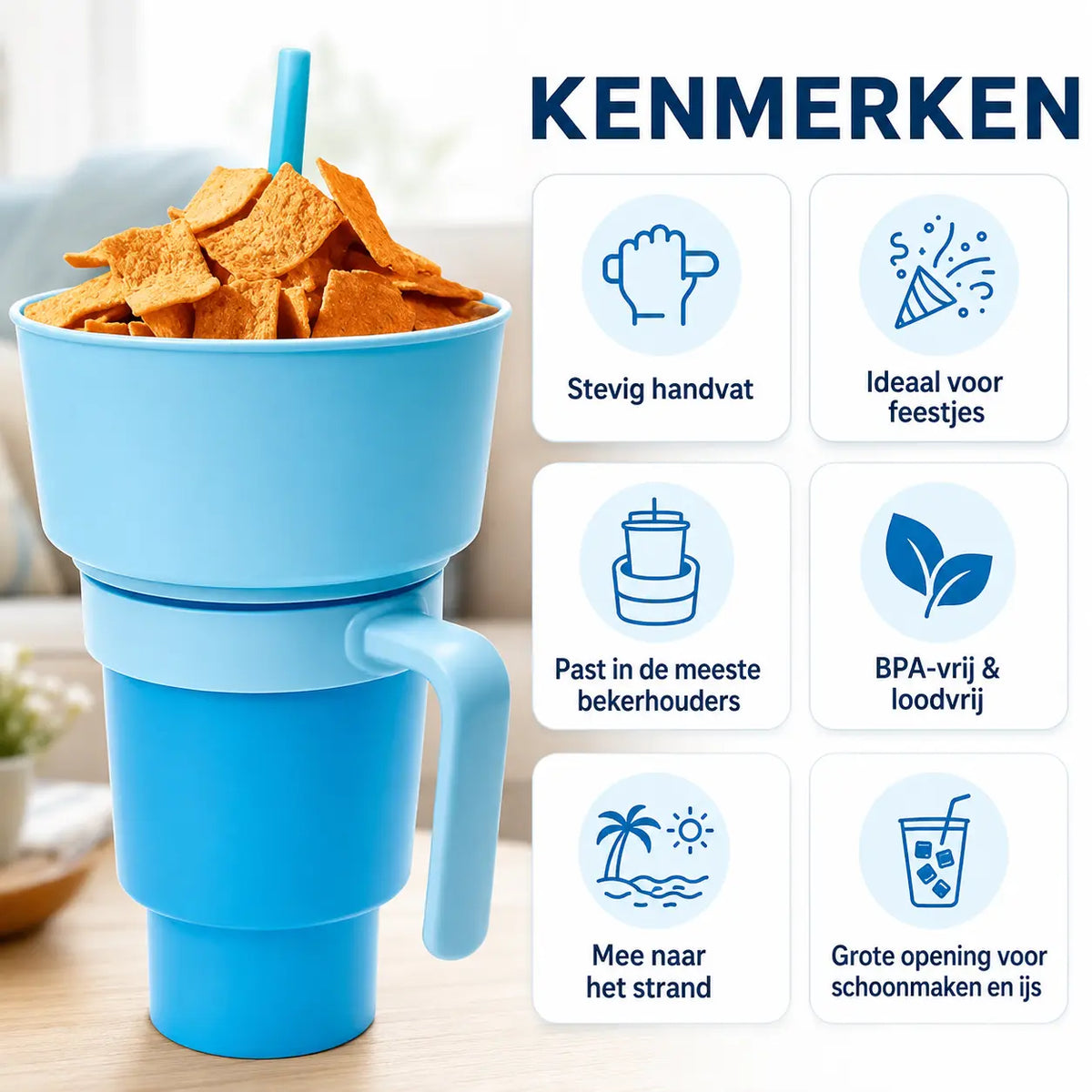 SnackSip – 2-in-1 Snackbeker met Geïntegreerde Drinkbeker