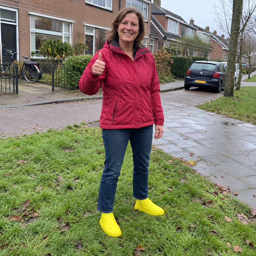 Vrouw in regenjas staat op een nat grasveld in een woonstraat met gele overschoenen over haar schoenen