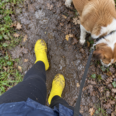 Gele overschoenen onder modderspatten tijdens een wandeling met de hond