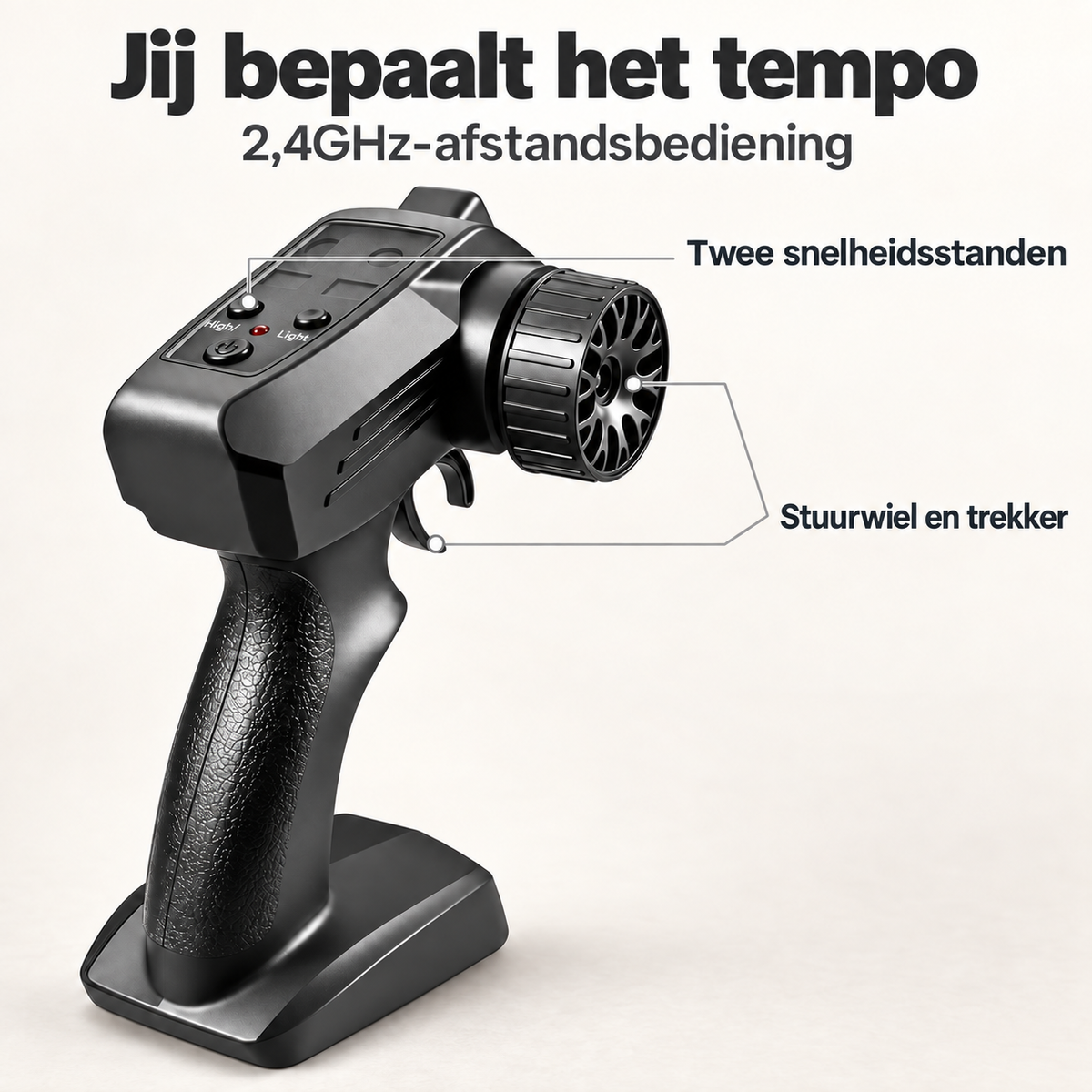 DriftRacer-afstandsbediening met stuurwiel, trekker en knop voor twee snelheidsstanden.