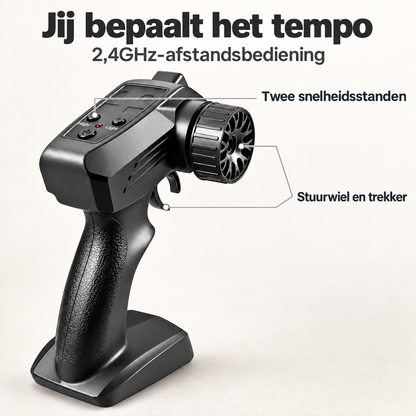 DriftRacer-afstandsbediening met stuurwiel, trekker en knop voor twee snelheidsstanden.