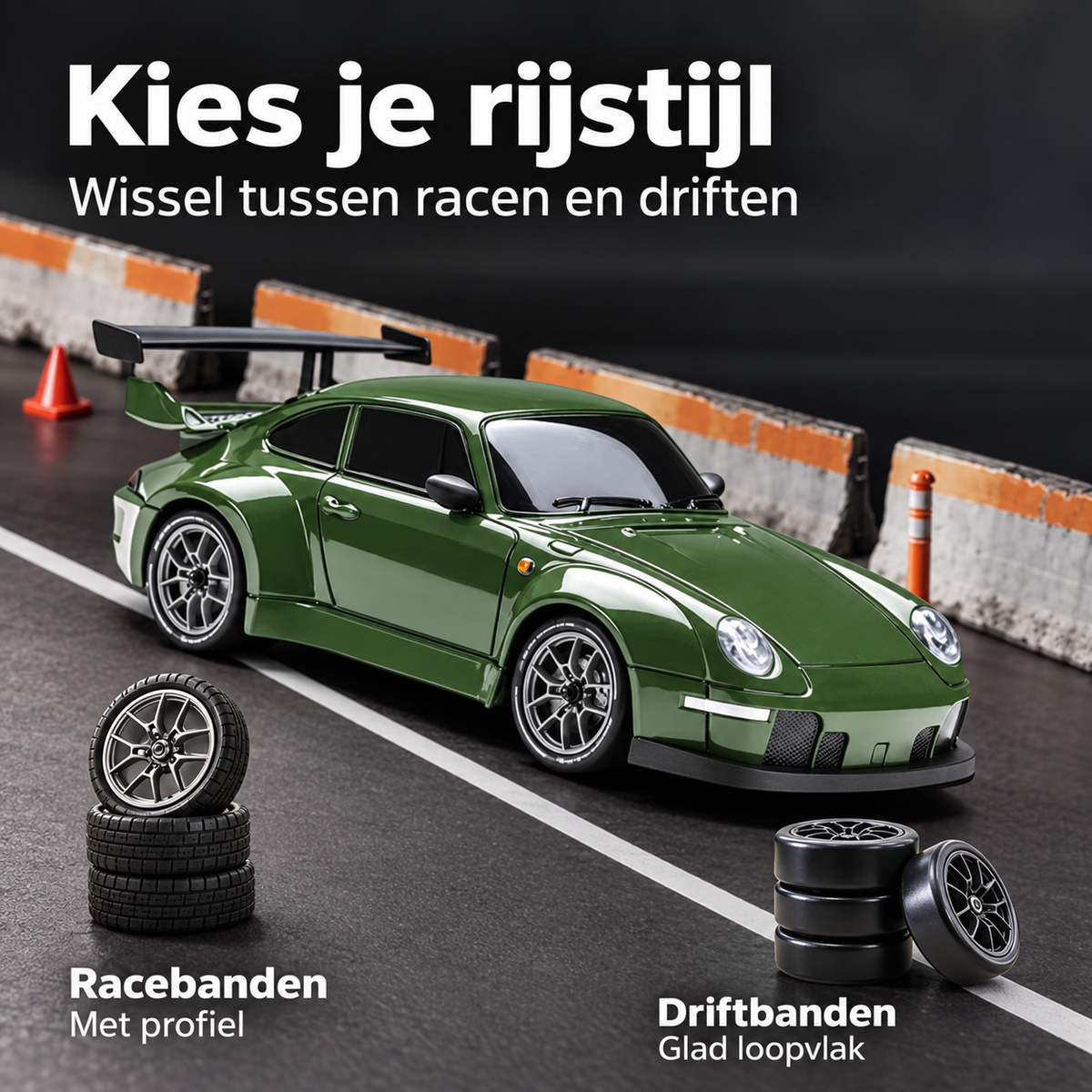 Groene DriftRacer op een miniatuurcircuit met racebanden met profiel en gladde driftbanden.