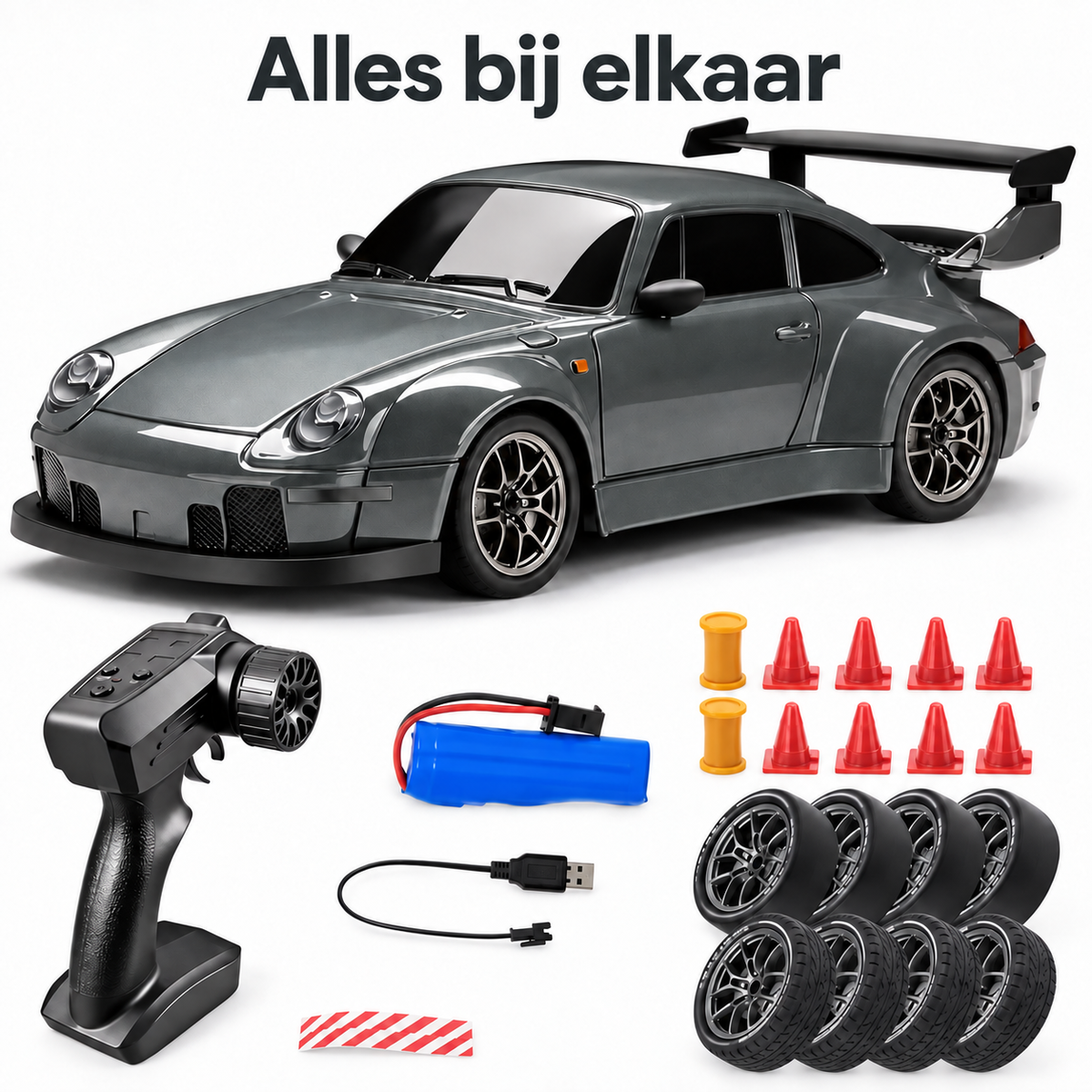 DriftRacer in Silver met afstandsbediening, accu, USB-laadkabel, race- en driftbanden en parcoursonderdelen.