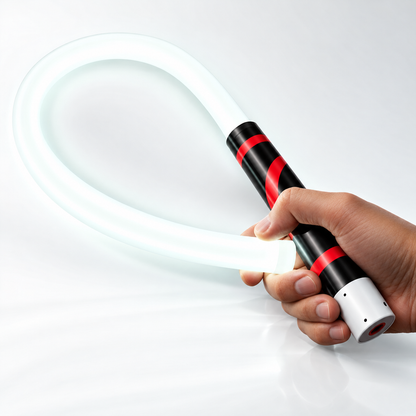 Brandende FlexiLux werklamp in de hand, gebogen tot een lus met helder wit licht