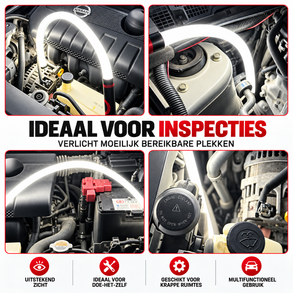 FlexiLux werklamp verlicht krappe plekken in een motorruimte tijdens inspectie en klussen