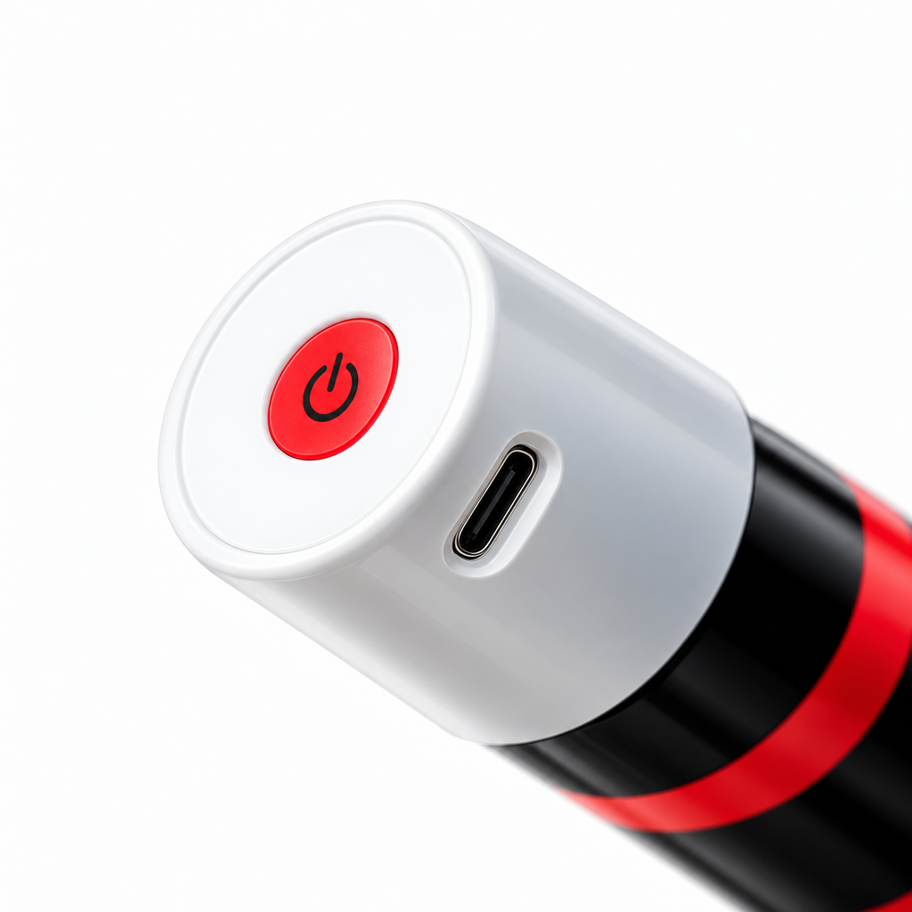 Close-up van de aan/uit-knop en usb-c-aansluiting onderaan de FlexiLux handgreep