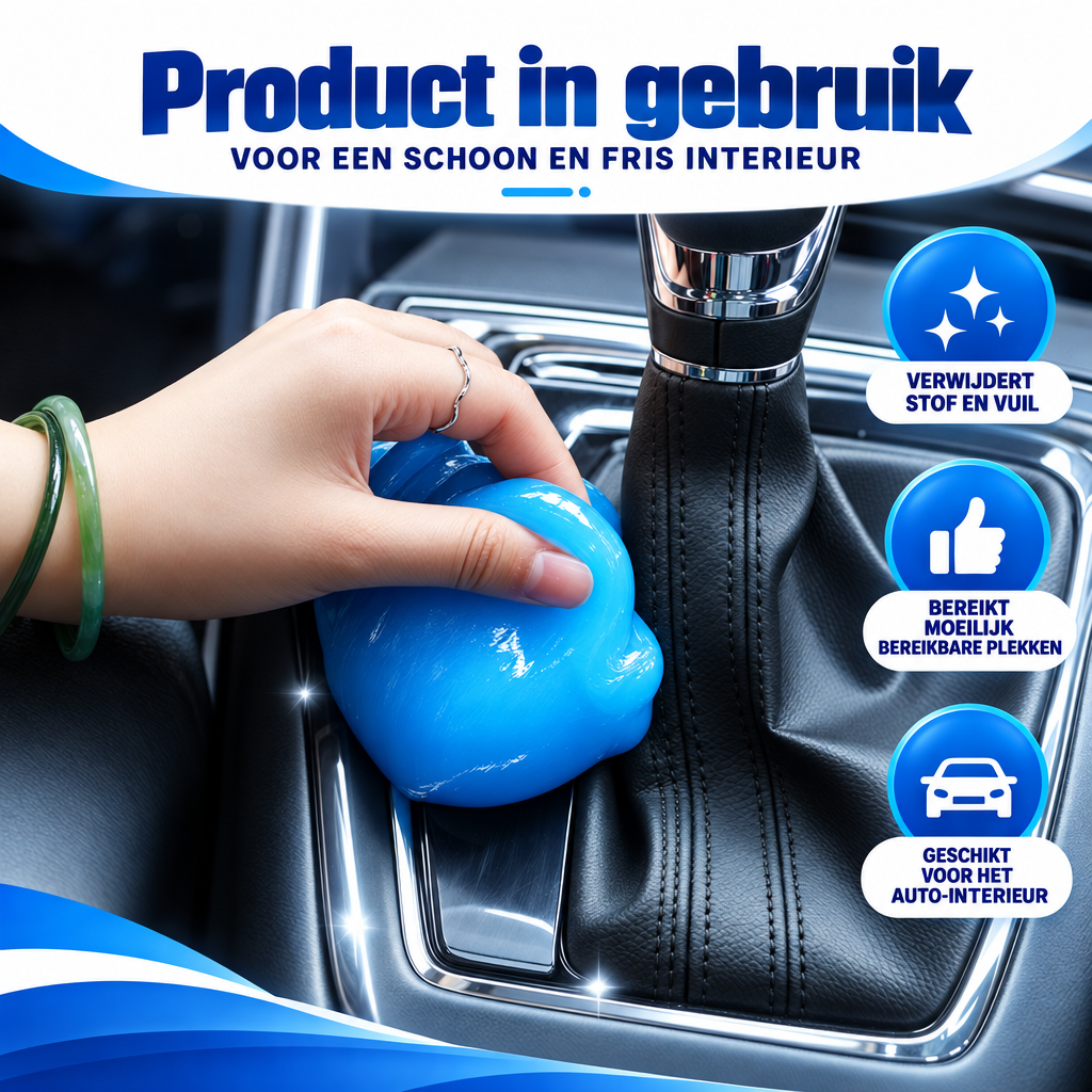Grabbo reinigingsgel wordt rond de versnellingspook gedrukt om stof uit de auto te halen