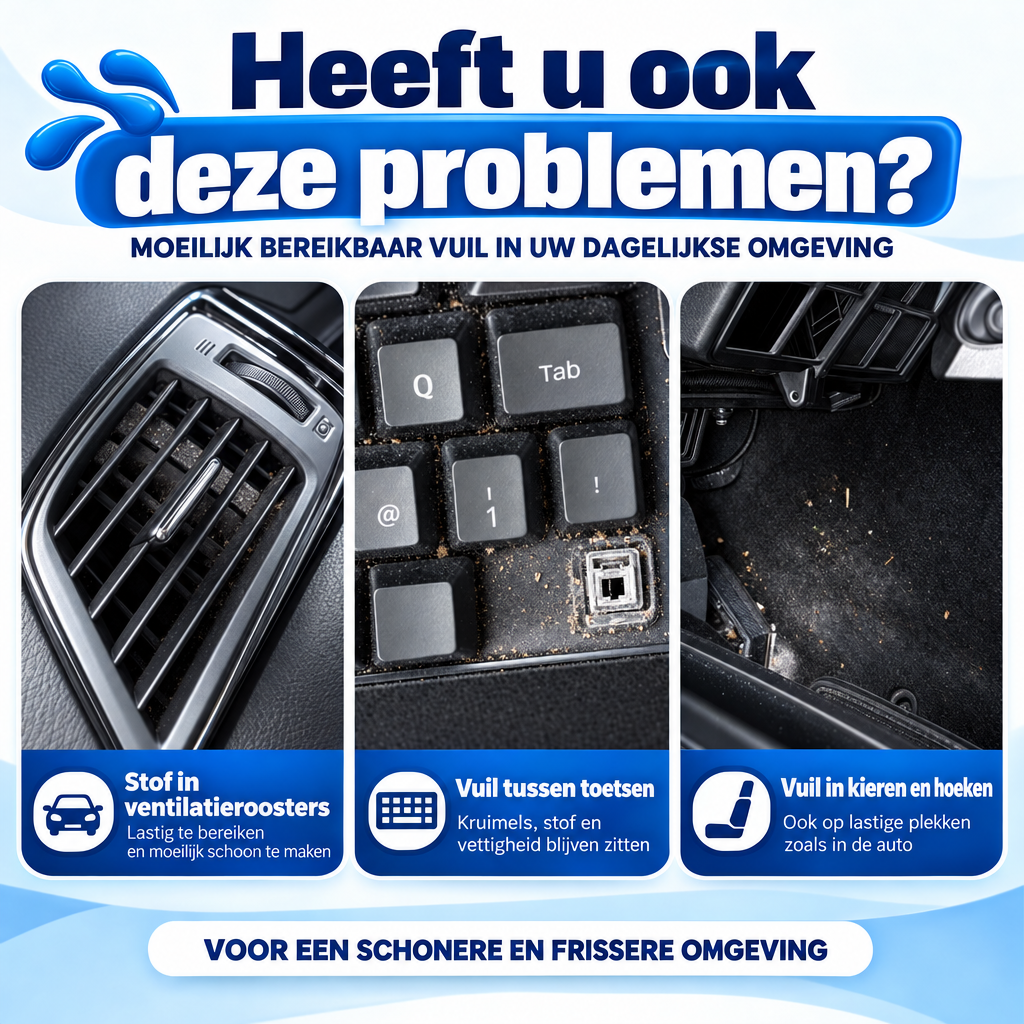 Stoffige ventilatieroosters, toetsenbord en autointerieur die je met Grabbo schoonmaakt